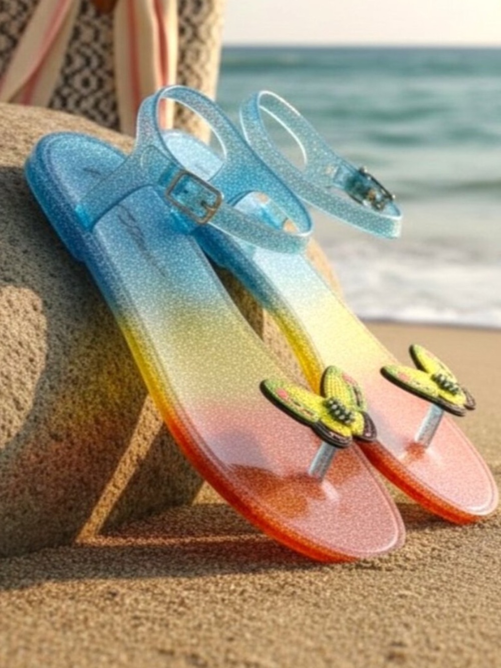 NIB Betsey Johnson Rainbow Jelly Sandals with Butterfly Accent - Size 6